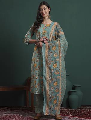 green cotton floral print piping kurta pants dupatta set 5