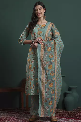 green cotton floral print piping kurta pants dupatta set