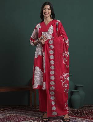 hot pink cotton floral print a-line kurta pants dupatta set 1