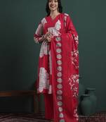 hot pink cotton floral print a-line kurta pants dupatta set