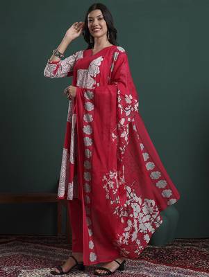 hot pink cotton floral print a-line kurta pants dupatta set 2