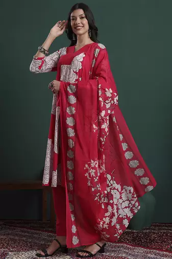 hot pink cotton floral print a-line kurta pants dupatta set