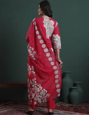 hot pink cotton floral print a-line kurta pants dupatta set 3