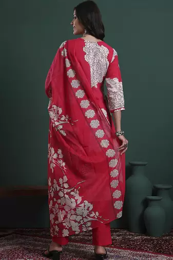 hot pink cotton floral print a-line kurta pants dupatta set