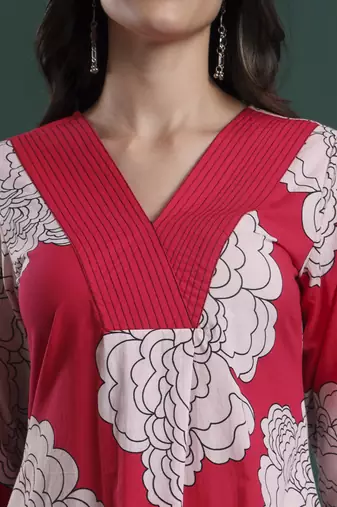 hot pink cotton floral print a-line kurta pants dupatta set