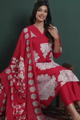 hot pink cotton floral print a-line kurta pants dupatta set