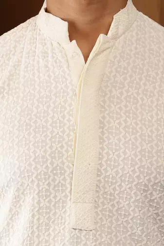 Men's off-white embroidered kurta with white pajama     wedding & festive ethnic wear set