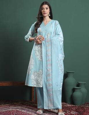 sky blue cotton floral print a-line kurta pants dupatta set 1
