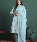 sky blue cotton floral print a-line kurta pants dupatta set