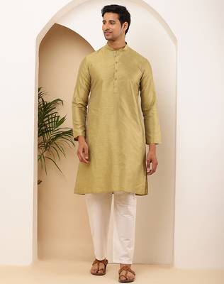 Golden silk blend kurta with white churidar for men     wedding & festive outfit 1