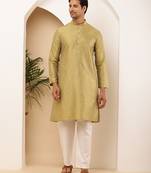 Golden silk blend kurta with white churidar for men     wedding & festive outfit
