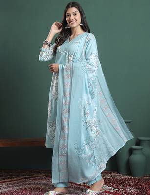 sky blue cotton floral print a-line kurta pants dupatta set 2