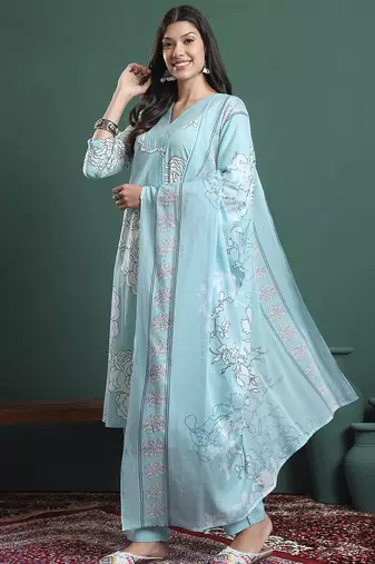 sky blue cotton floral print a-line kurta pants dupatta set