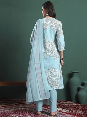 sky blue cotton floral print a-line kurta pants dupatta set 3