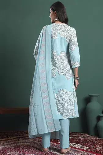 sky blue cotton floral print a-line kurta pants dupatta set