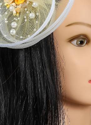 Yellow net pearl fascinator 1