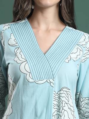 sky blue cotton floral print a-line kurta pants dupatta set 4