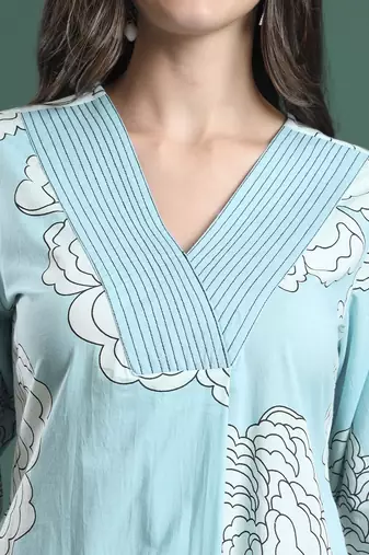 sky blue cotton floral print a-line kurta pants dupatta set