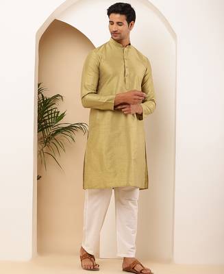 Golden silk blend kurta with white churidar for men     wedding & festive outfit 4
