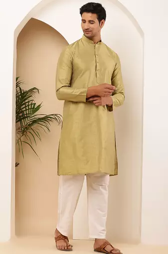 Golden silk blend kurta with white churidar for men     wedding & festive outfit
