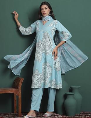 sky blue cotton floral print a-line kurta pants dupatta set 5