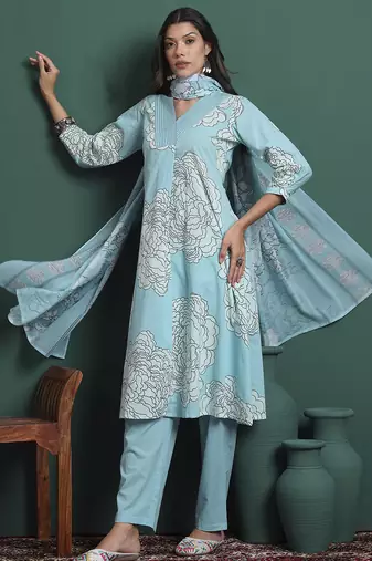 sky blue cotton floral print a-line kurta pants dupatta set