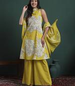 mustard cotton aline halter neck kurta palazzo dupatta set