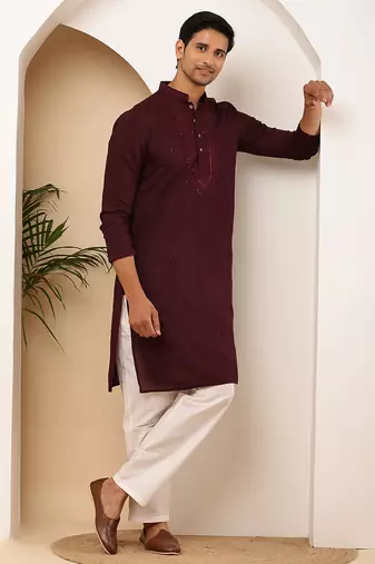 Elegant maroon kurta for men with white pyjama     festive & wedding outfit
