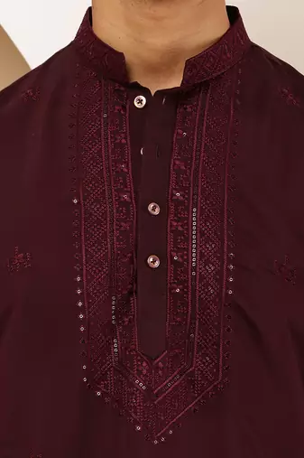 Elegant maroon kurta for men with white pyjama     festive & wedding outfit