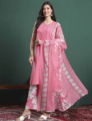 pink cotton aline sleeveless kurta palazzo dupatta set 1