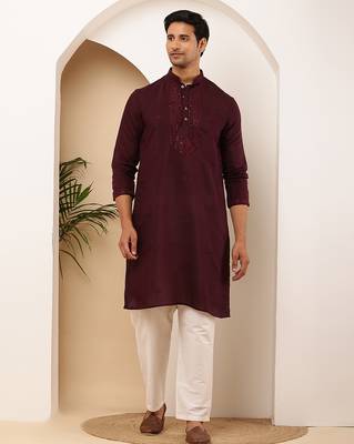 Elegant maroon kurta for men with white pyjama     festive & wedding outfit 5