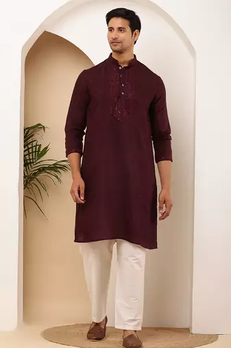 Elegant maroon kurta for men with white pyjama     festive & wedding outfit