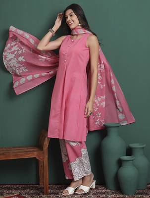 pink cotton aline sleeveless kurta palazzo dupatta set 2