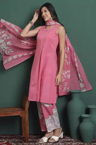 pink cotton aline sleeveless kurta palazzo dupatta set
