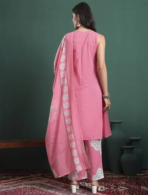 pink cotton aline sleeveless kurta palazzo dupatta set 3