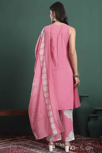 pink cotton aline sleeveless kurta palazzo dupatta set