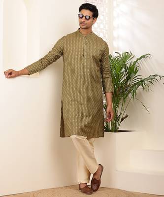 Men olive gold cotton festive kurta with beige pajama 1