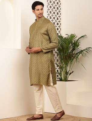 Men olive gold cotton festive kurta with beige pajama 2
