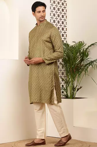 Men olive gold cotton festive kurta with beige pajama