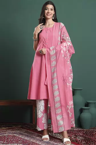 pink cotton aline sleeveless kurta palazzo dupatta set