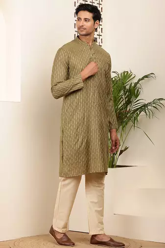 Men olive gold cotton festive kurta with beige pajama