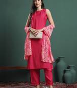 pink silk blend sleeveless kurta pants dupatta set