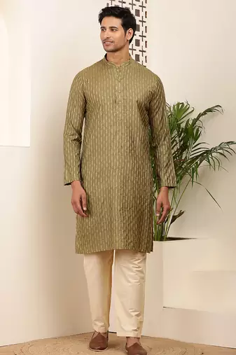 Men olive gold cotton festive kurta with beige pajama