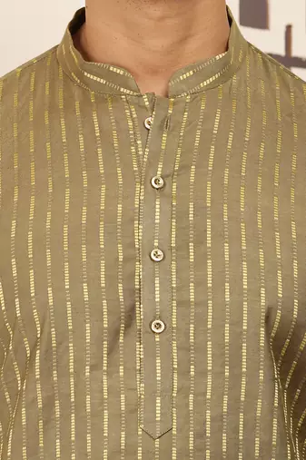 Men olive gold cotton festive kurta with beige pajama