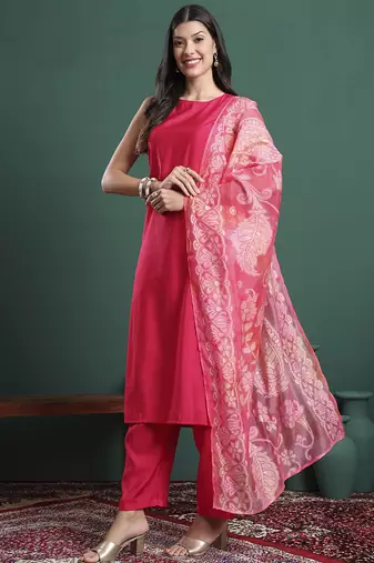 pink silk blend sleeveless kurta pants dupatta set
