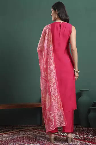 pink silk blend sleeveless kurta pants dupatta set