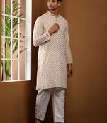 Men off-white & gold printed straight kurta with white pyjama set