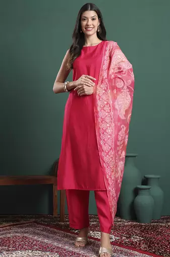 pink silk blend sleeveless kurta pants dupatta set