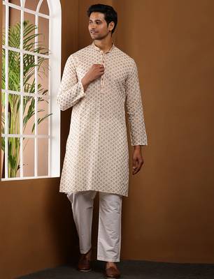 Men off-white & gold printed straight kurta with white pyjama set 2
