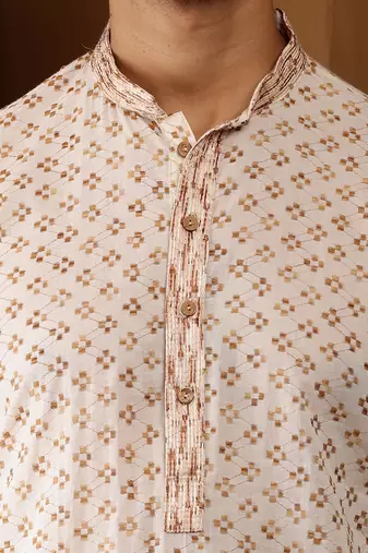 Men off-white & gold printed straight kurta with white pyjama set